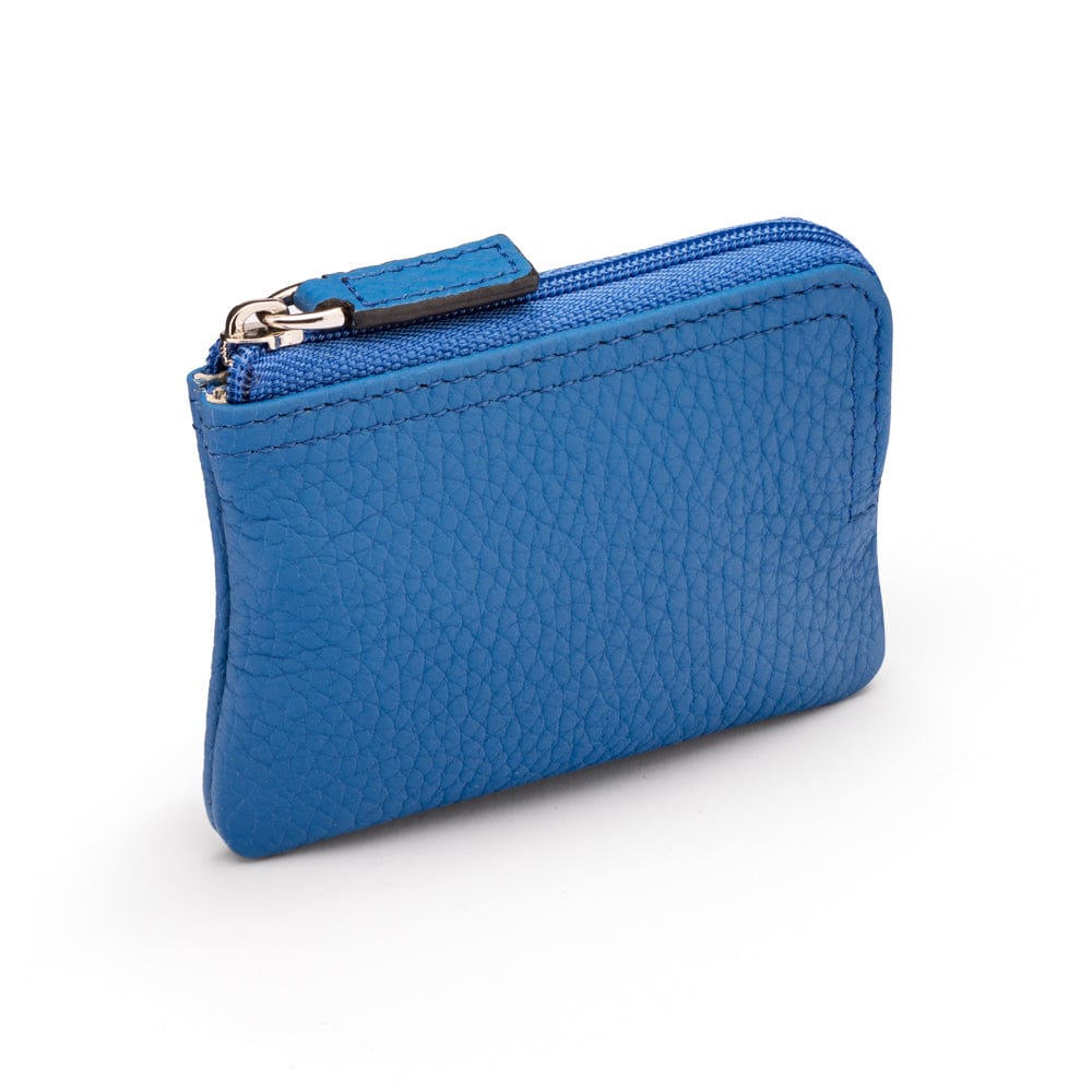 Small leather coin purse with key chain, cobalt, top