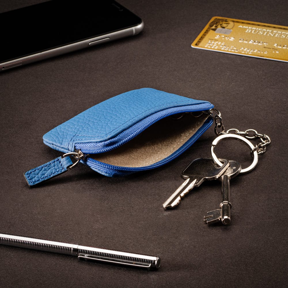 Small Leather Coin Purse with Key Chain Cobalt