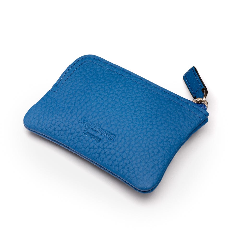 Small leather coin purse with key chain, cobalt, back