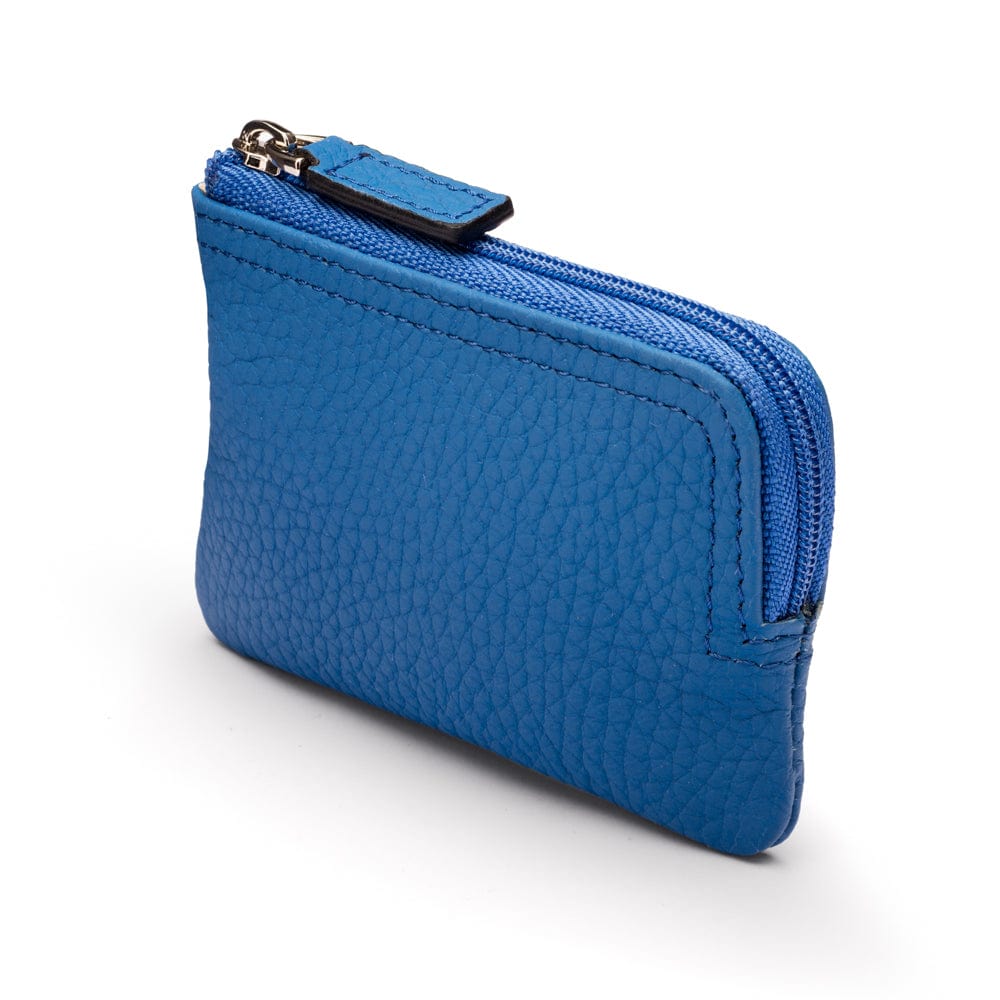 Small leather coin purse with key chain, cobalt, side