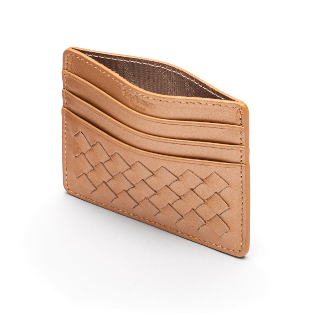 Flat woven leather card holder, copper, open