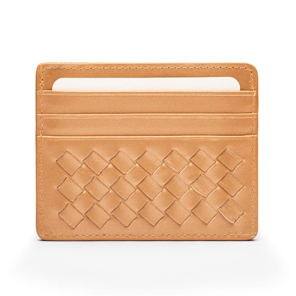 Flat woven leather card holder, copper, front
