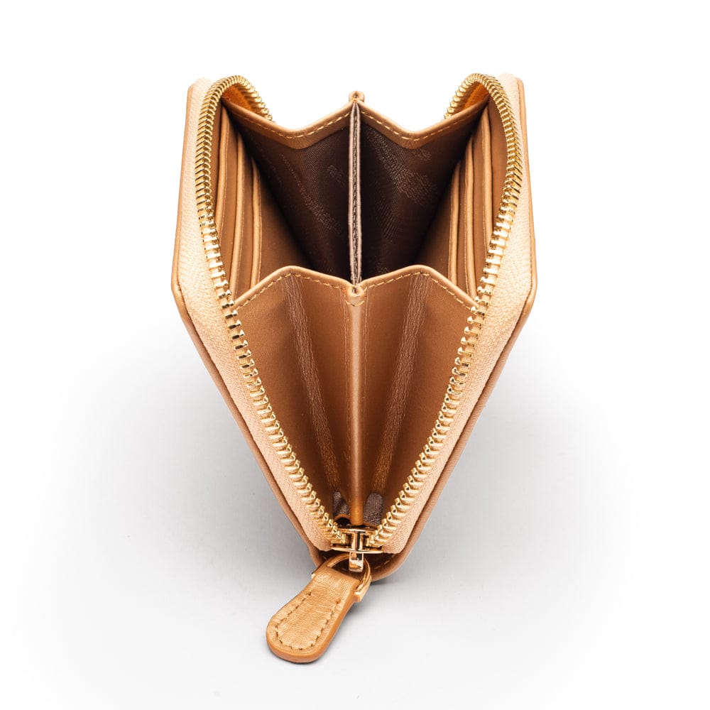 Small zip around woven leather accordion purse, copper, side