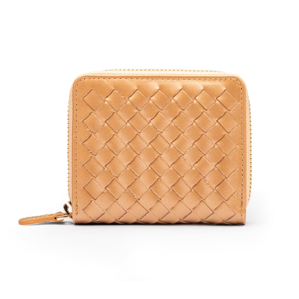 Small zip around woven leather accordion purse, copper, back