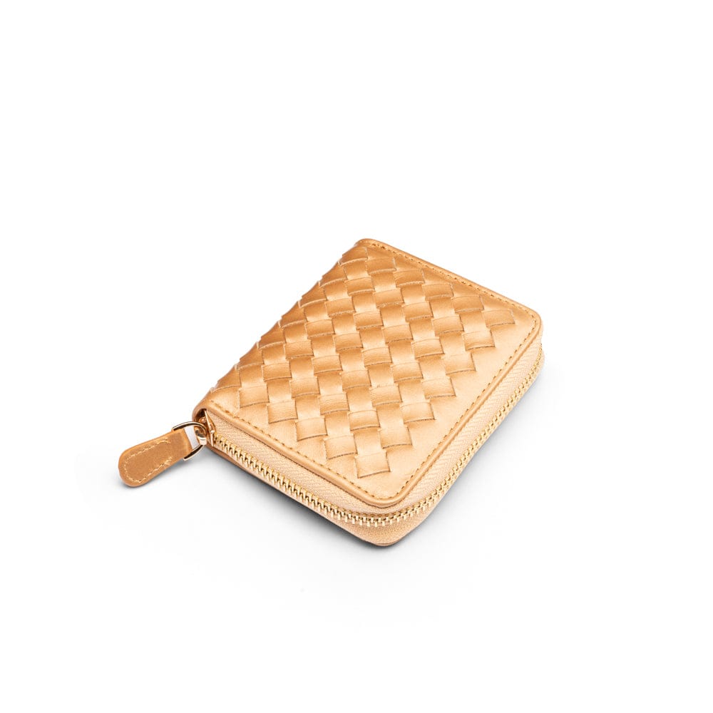 Small zip around woven leather accordion purse, copper, front