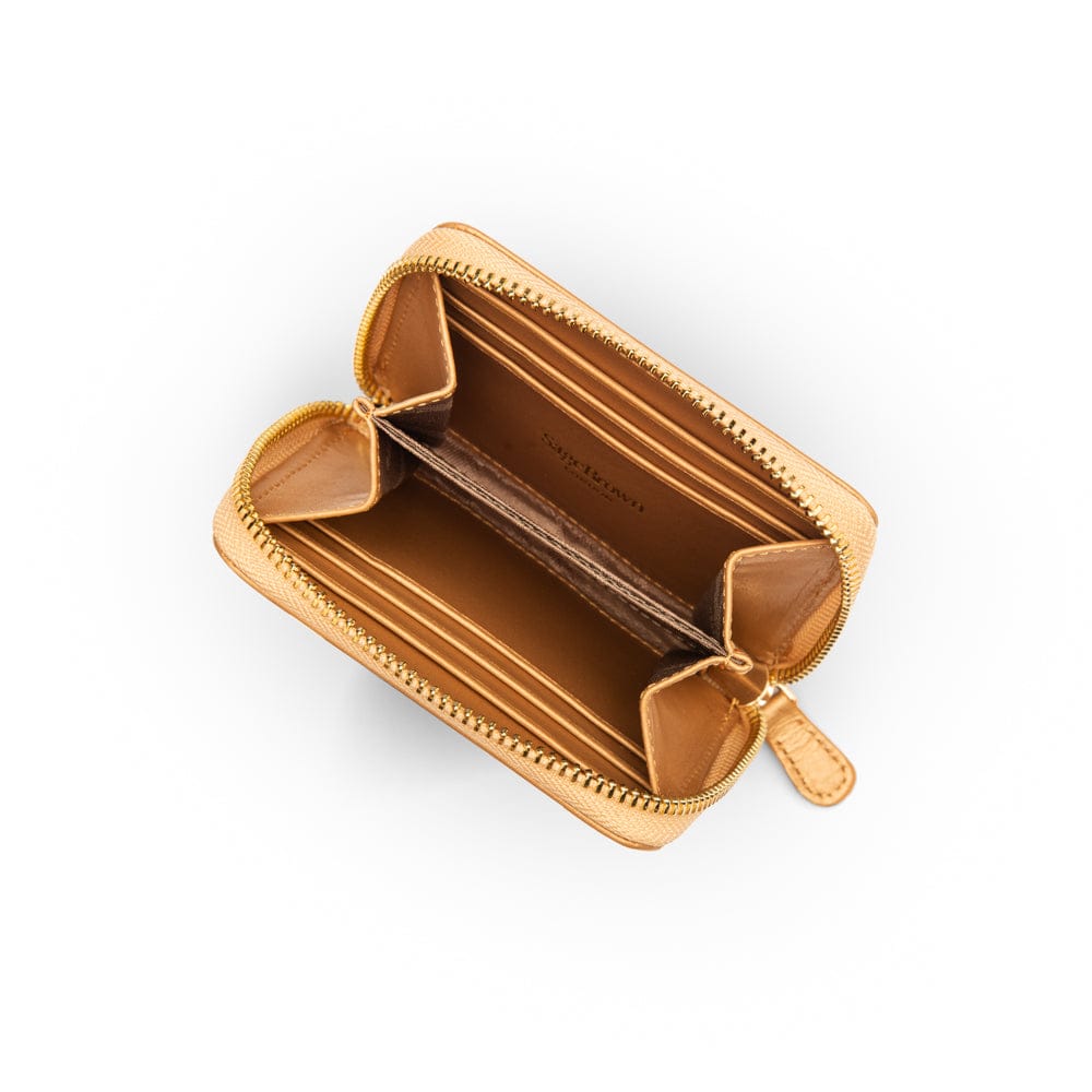 Small zip around woven leather accordion purse, copper, open