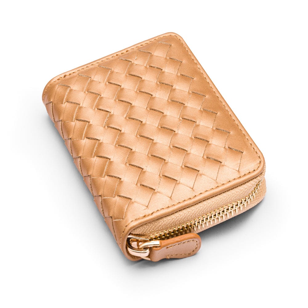 Small zip around woven leather accordion purse, copper