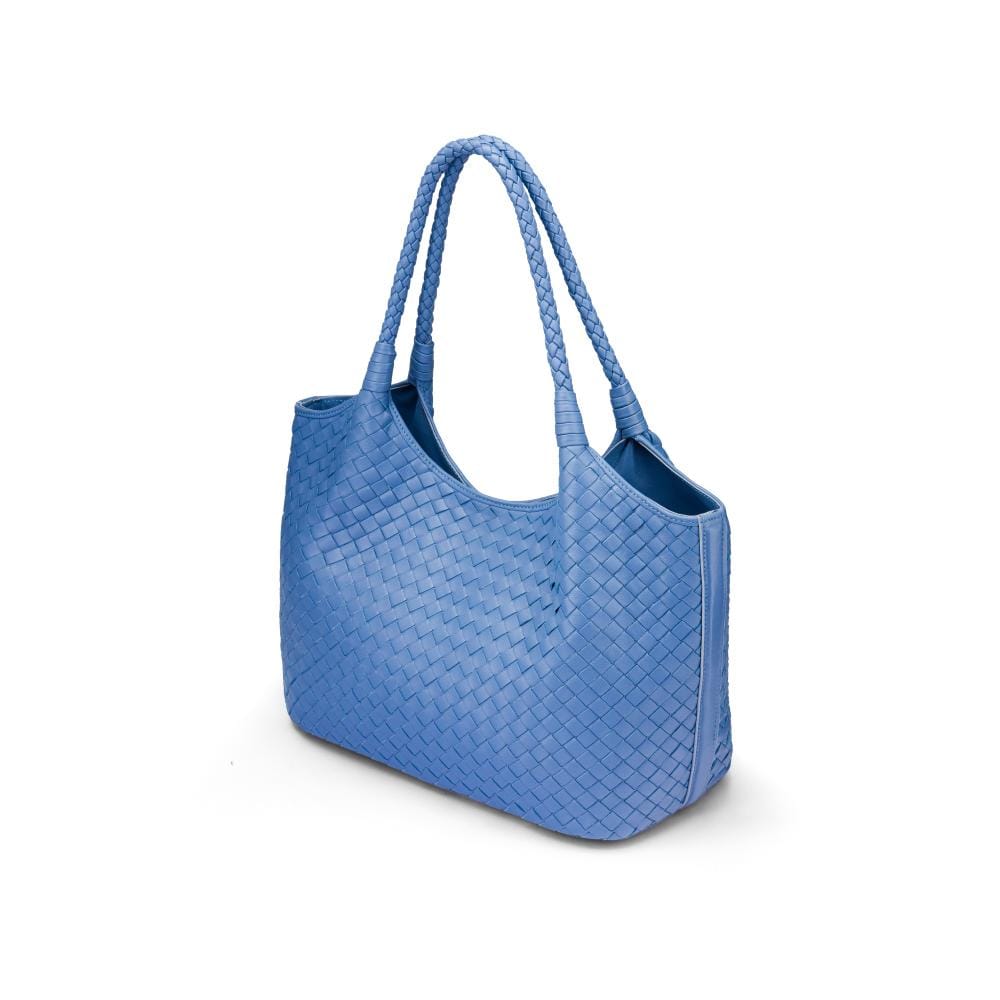 Woven leather shoulder bag, cornflower blue, side view