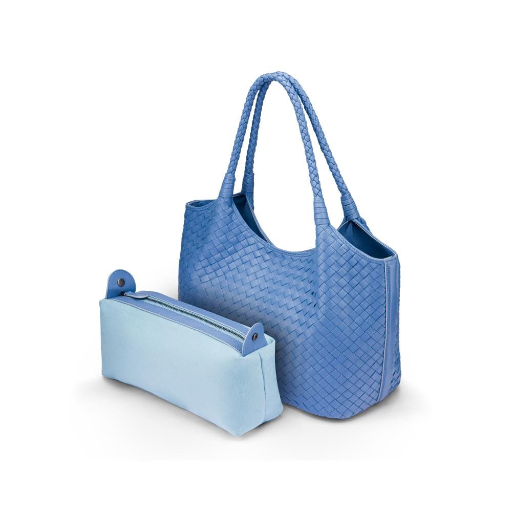 Woven leather shoulder bag, cornflower blue, with detachable inner bag