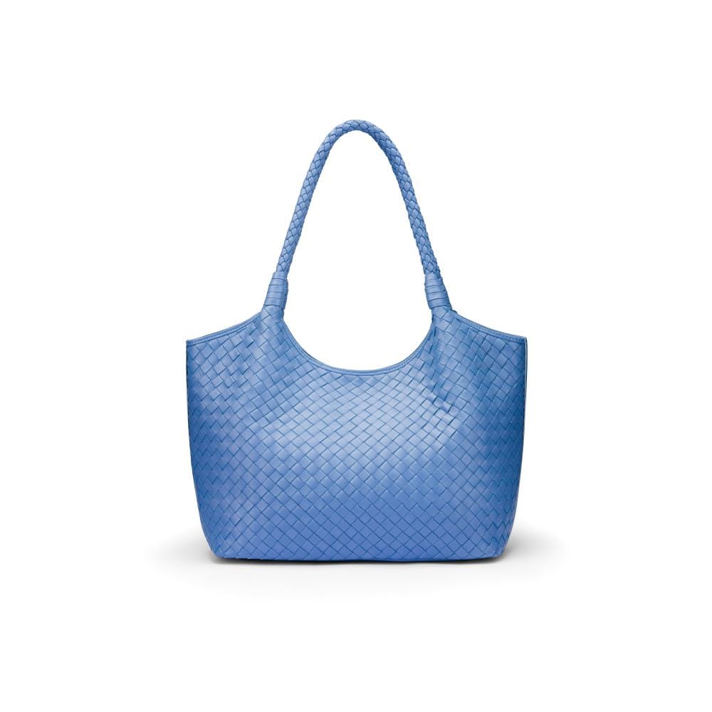 Woven leather shoulder bag, cornflower blue, front
