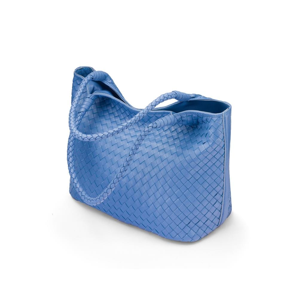 Woven leather shoulder bag, cornflower blue, side view