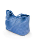 Woven leather shoulder bag, cornflower blue, side view