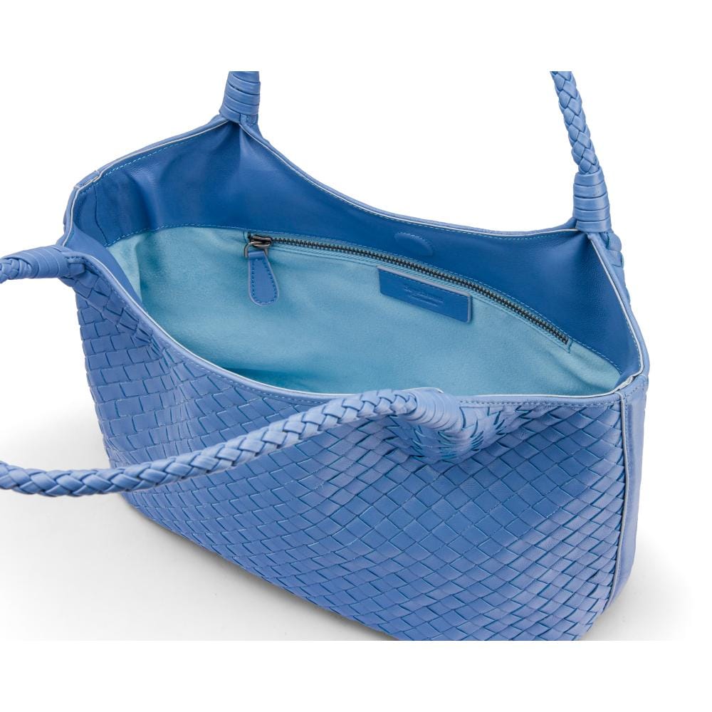 Woven leather shoulder bag, cornflower blue, open