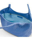 Woven leather shoulder bag, cornflower blue, open