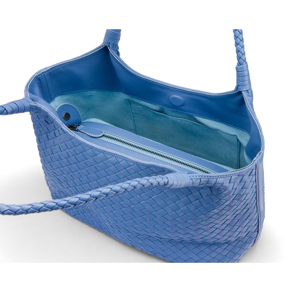 Woven leather shoulder bag, cornflower blue, inside