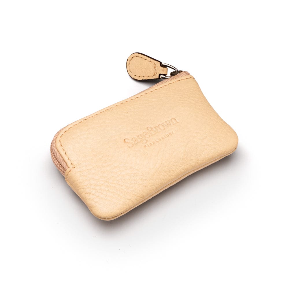 Miniature leather coin purse with key chain, cream, back