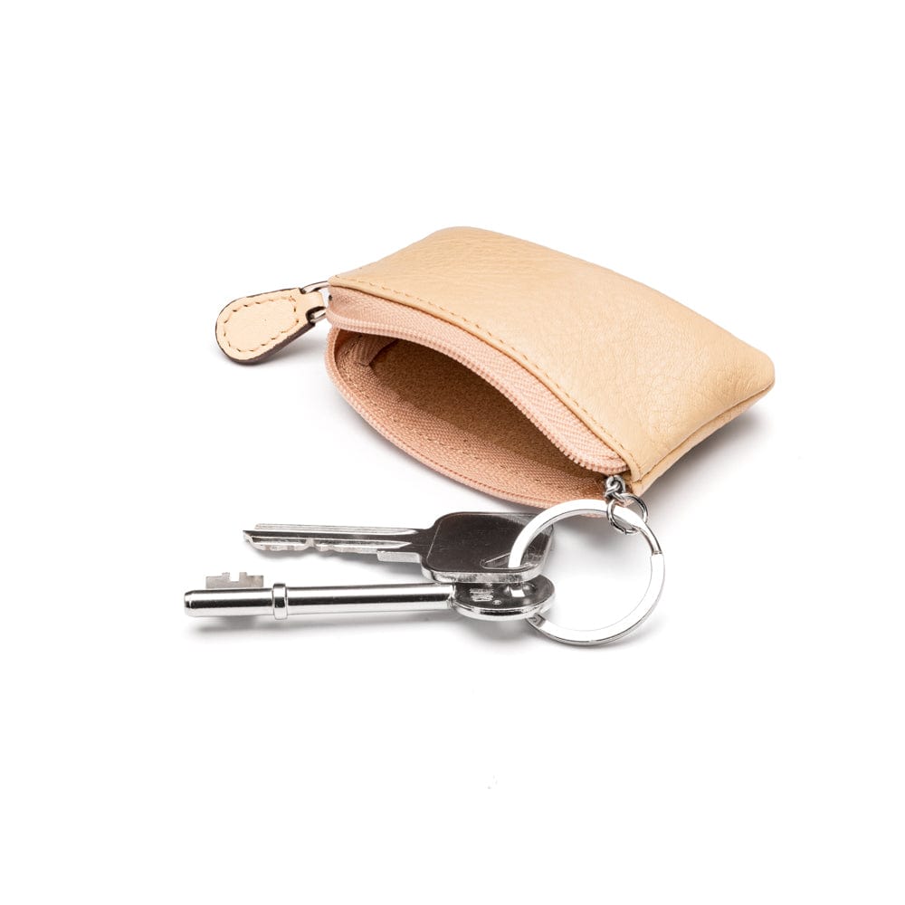 Miniature leather coin purse with key chain, cream, inside