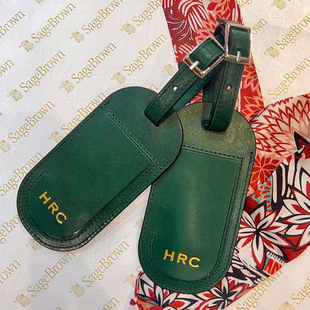 Leather luggage tag, dark green, embossed