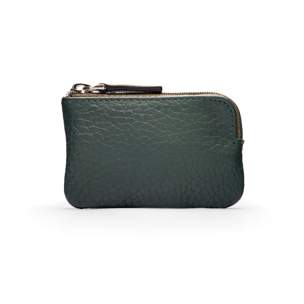 Miniature leather coin purse with key chain, dark green, front