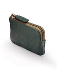 Miniature leather coin purse with key chain, dark green, top