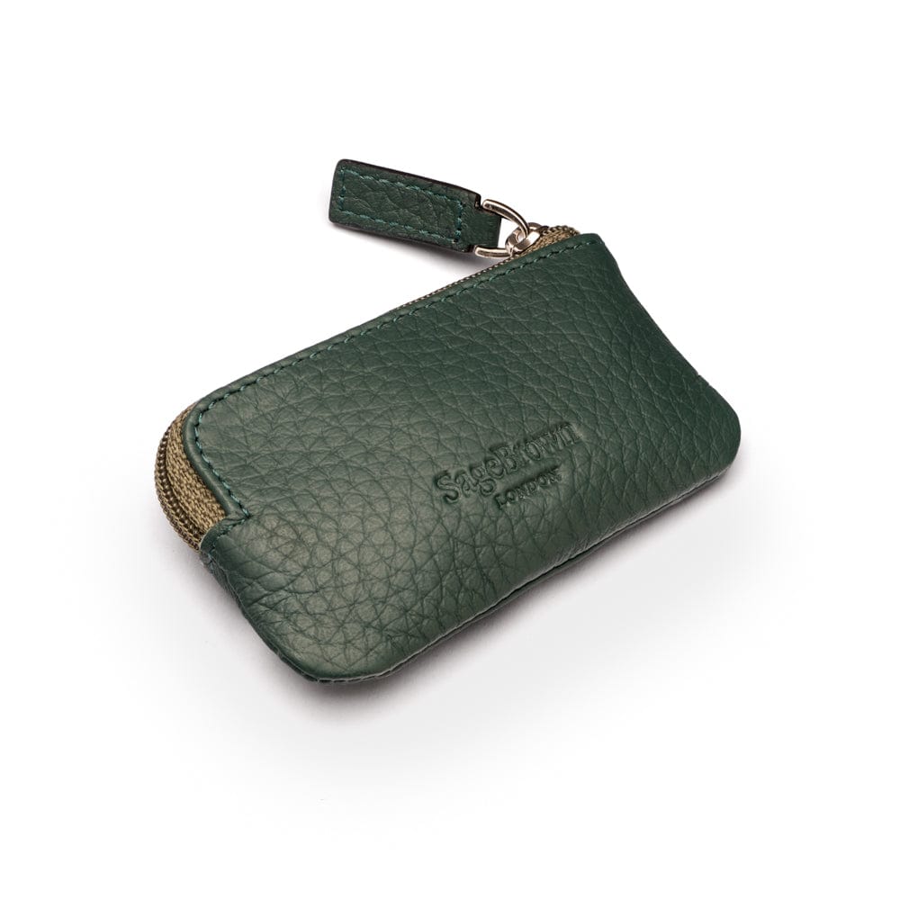 Miniature leather coin purse with key chain, dark green, back