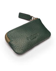 Miniature leather coin purse with key chain, dark green, back