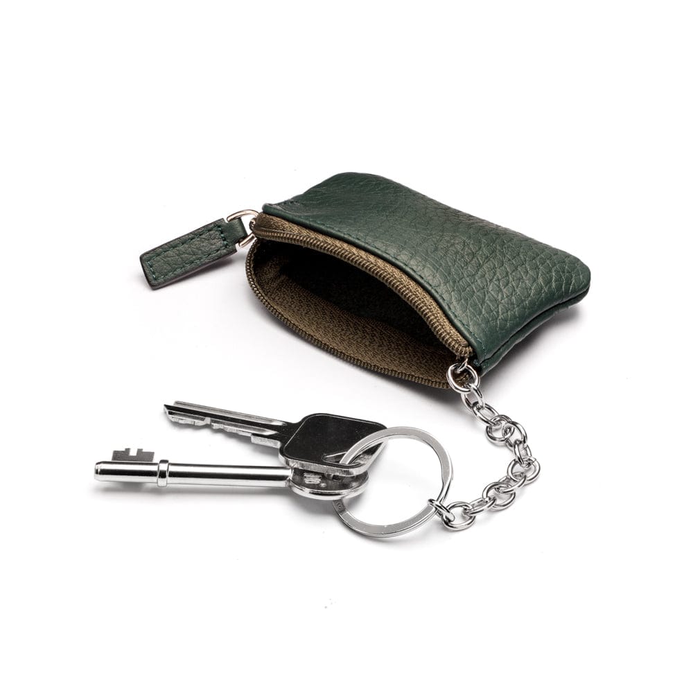 Miniature leather coin purse with key chain, dark green, inside