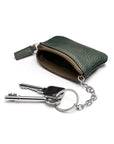 Miniature leather coin purse with key chain, dark green, inside