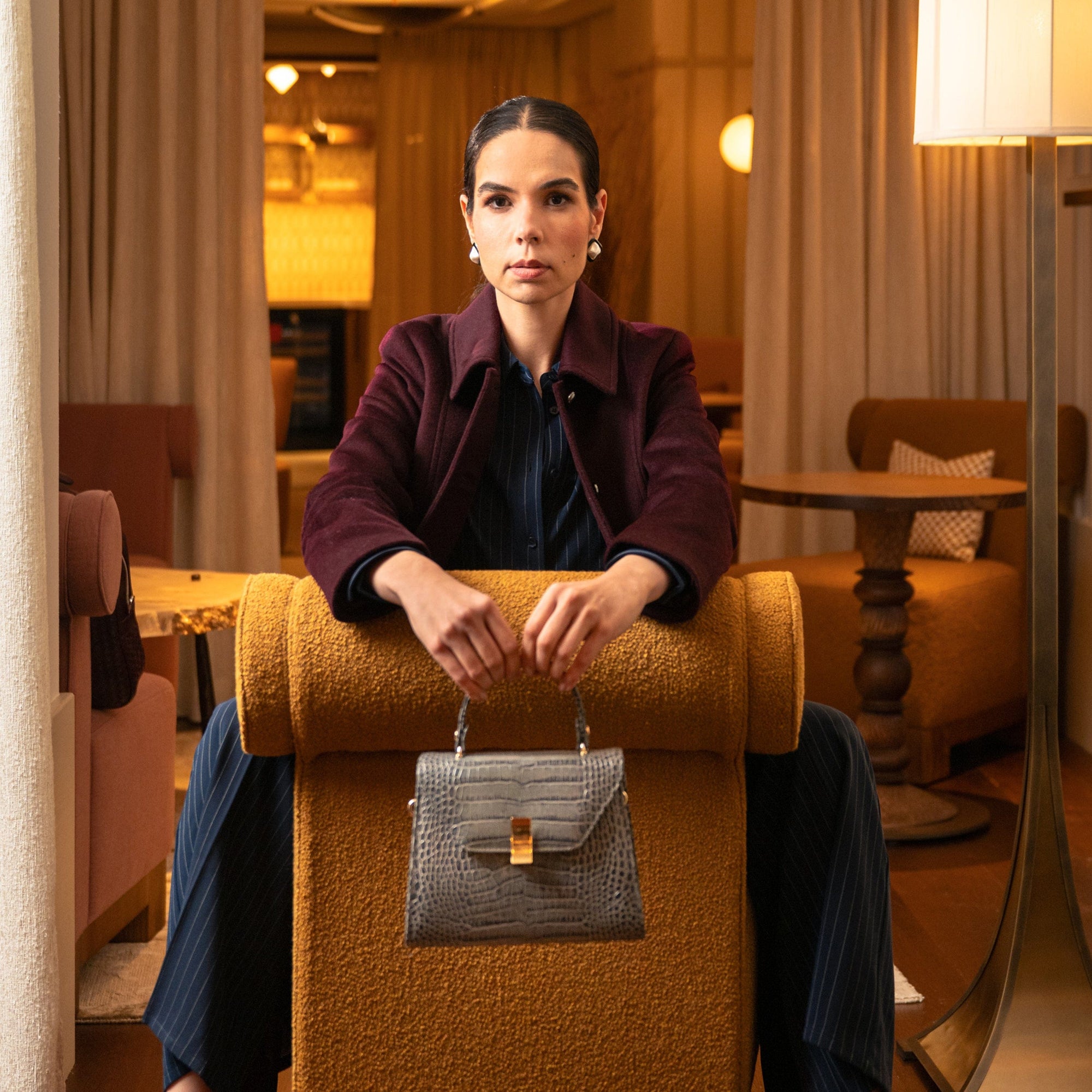 Leather top handle bag, grey croc, lifestyle