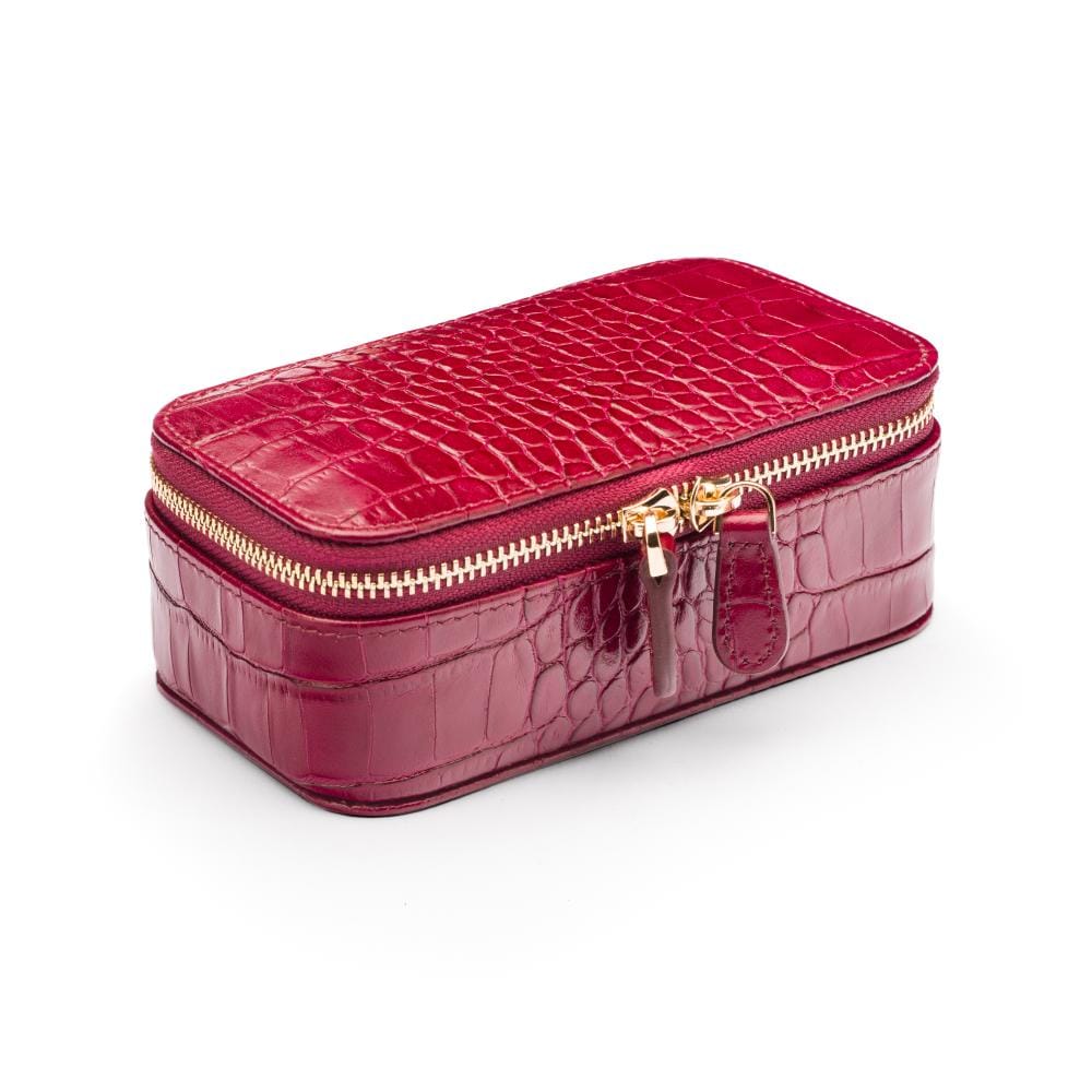 Rectangular zip around jewellery case, dark pink croc, front