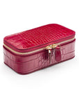 Rectangular zip around jewellery case, dark pink croc, front