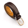 Mens extra long leather belt, brown, gold buckle