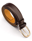 Mens extra long leather belt, brown, gold buckle