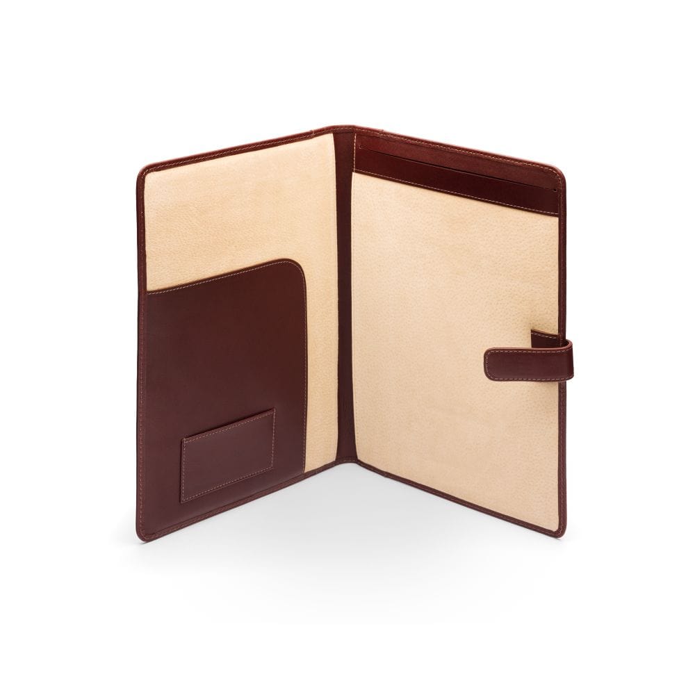 Leather conference folder, dark tan, open view