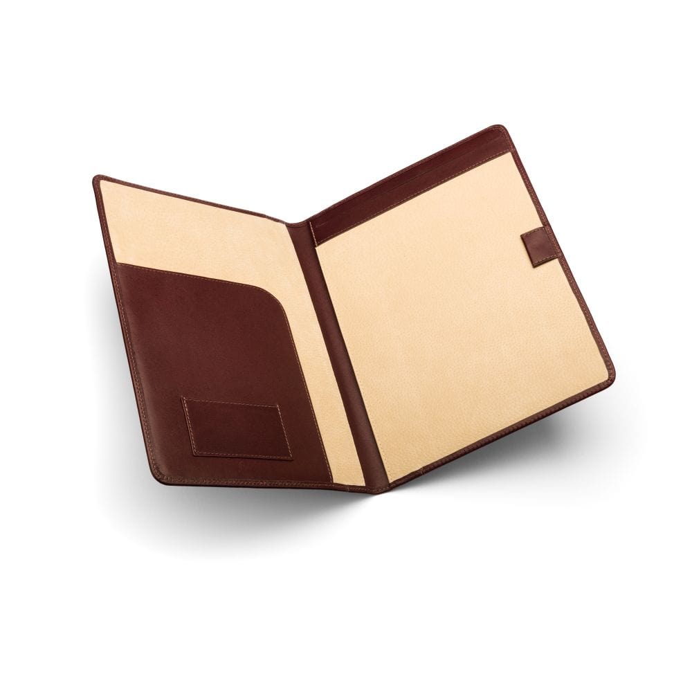 A4 leather document folder, dark tan, open view