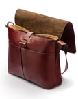 Men's large leather messenger bag, dark tan, open