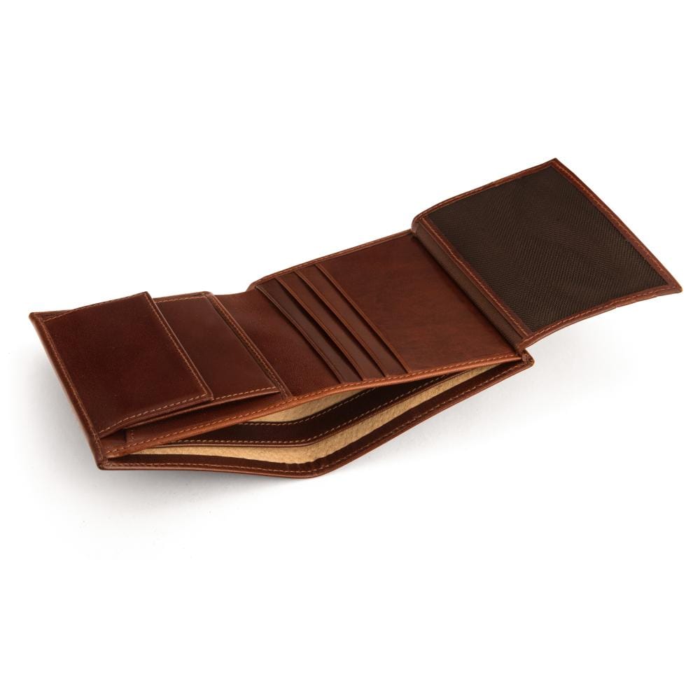 Compact RFID leather wallet with coin purse, dark tan, inside