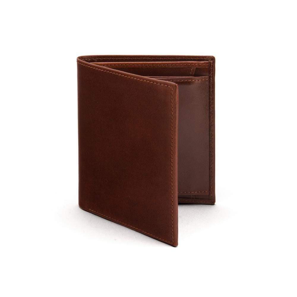 Compact RFID leather wallet with coin purse, dark tan, front