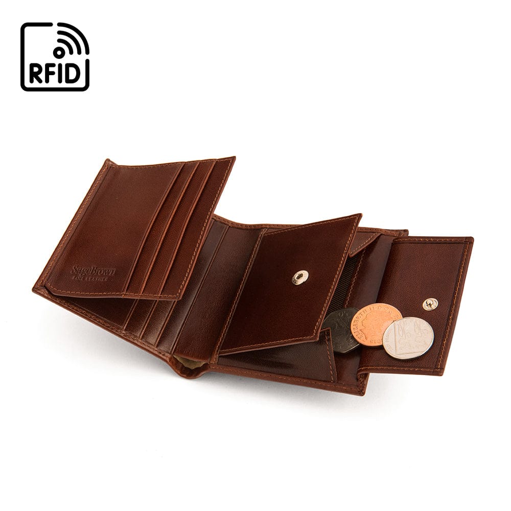 Compact RFID leather wallet with coin purse, dark tan, open