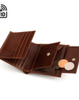 Compact RFID leather wallet with coin purse, dark tan, open