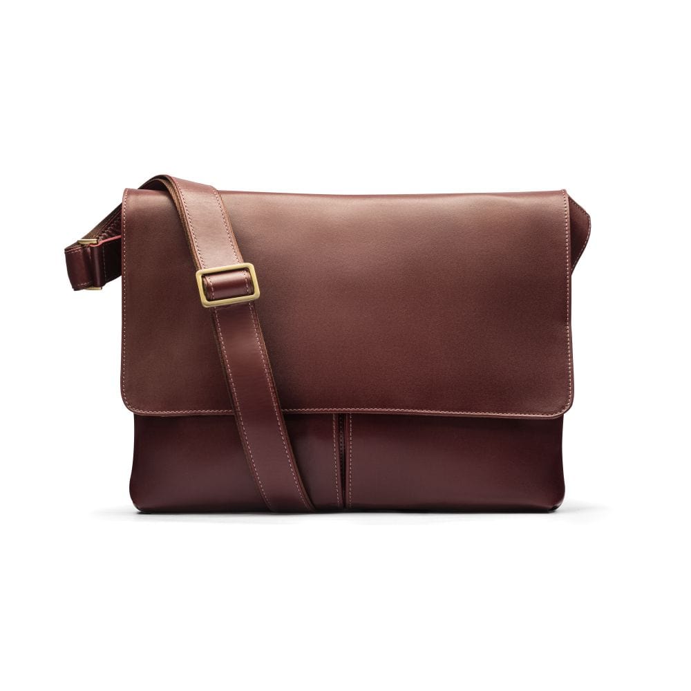 Leather messenger bag, dark tan, front