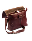 Leather messenger bag, dark tan, open