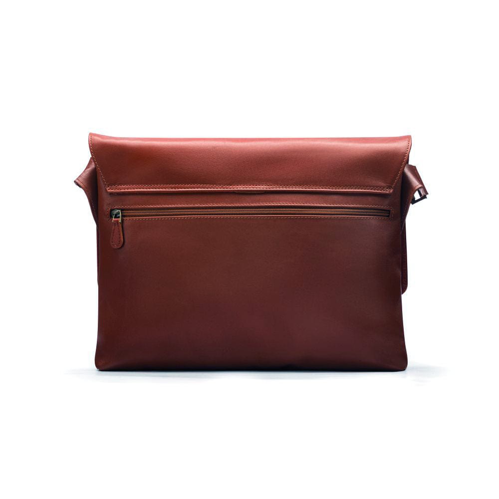Leather messenger bag, dark tan, back