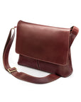 Leather messenger bag, dark tan, side