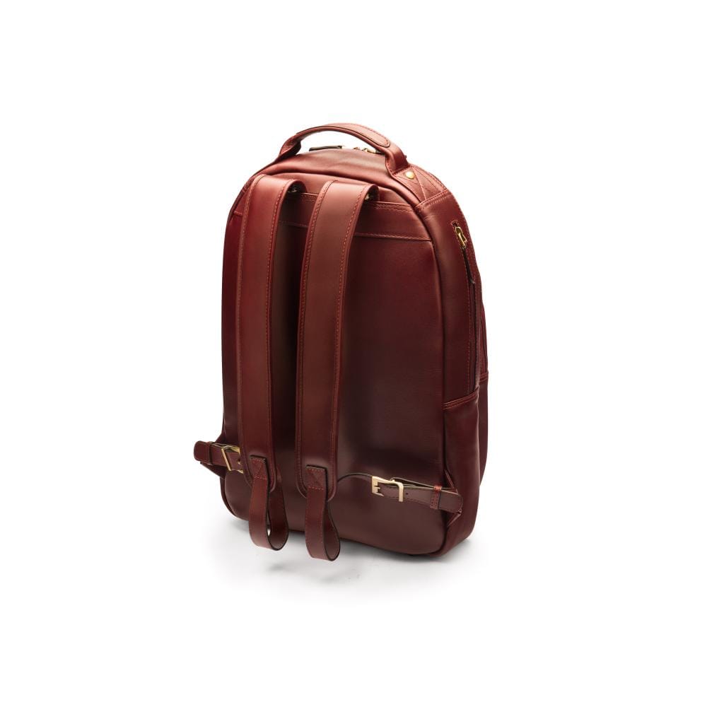 Men's leather 15" laptop backpack, dark tan, side back