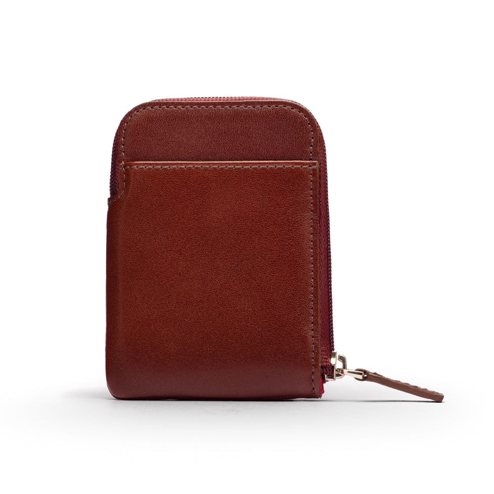 Leather card case with zip, dark tan, front