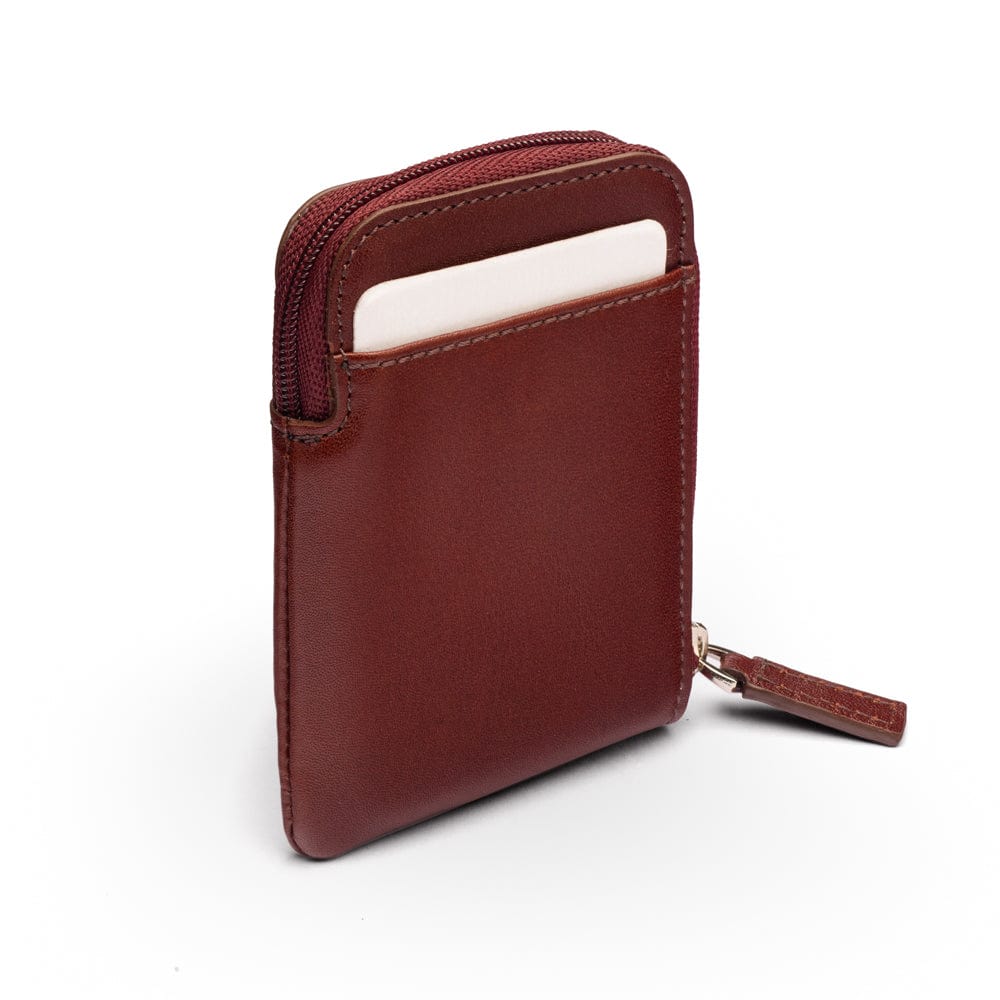 Leather card case with zip, dark tan, back