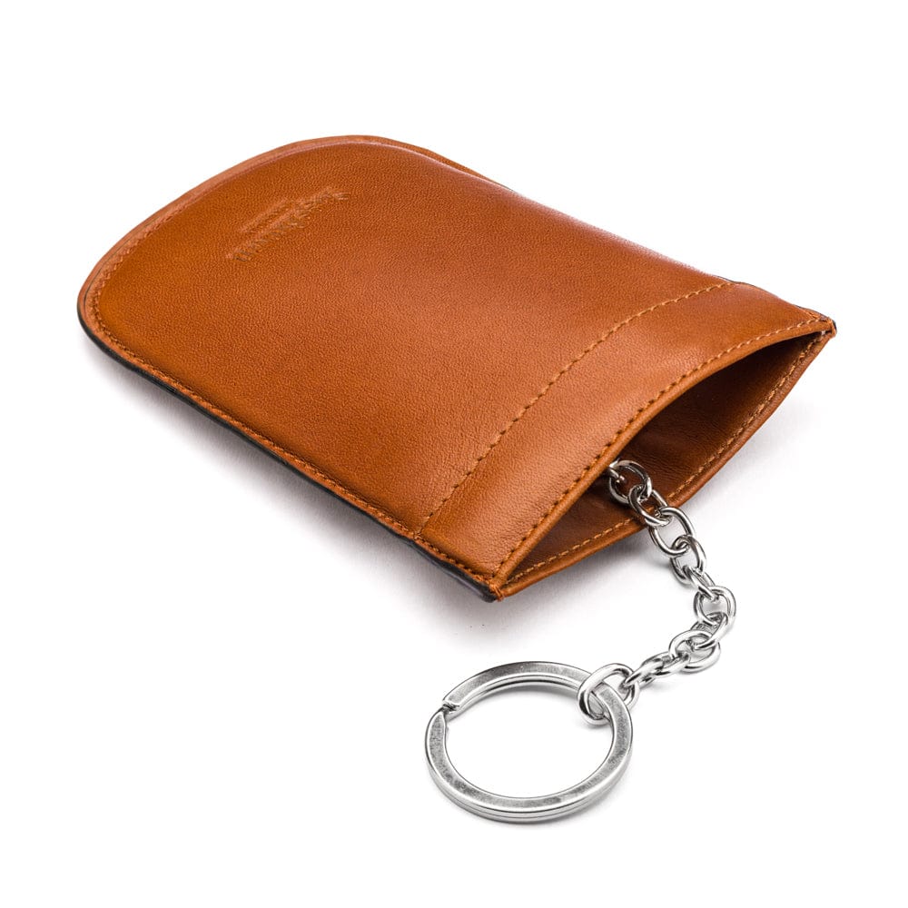 Leather key case with squeeze spring opening, havana tan, back