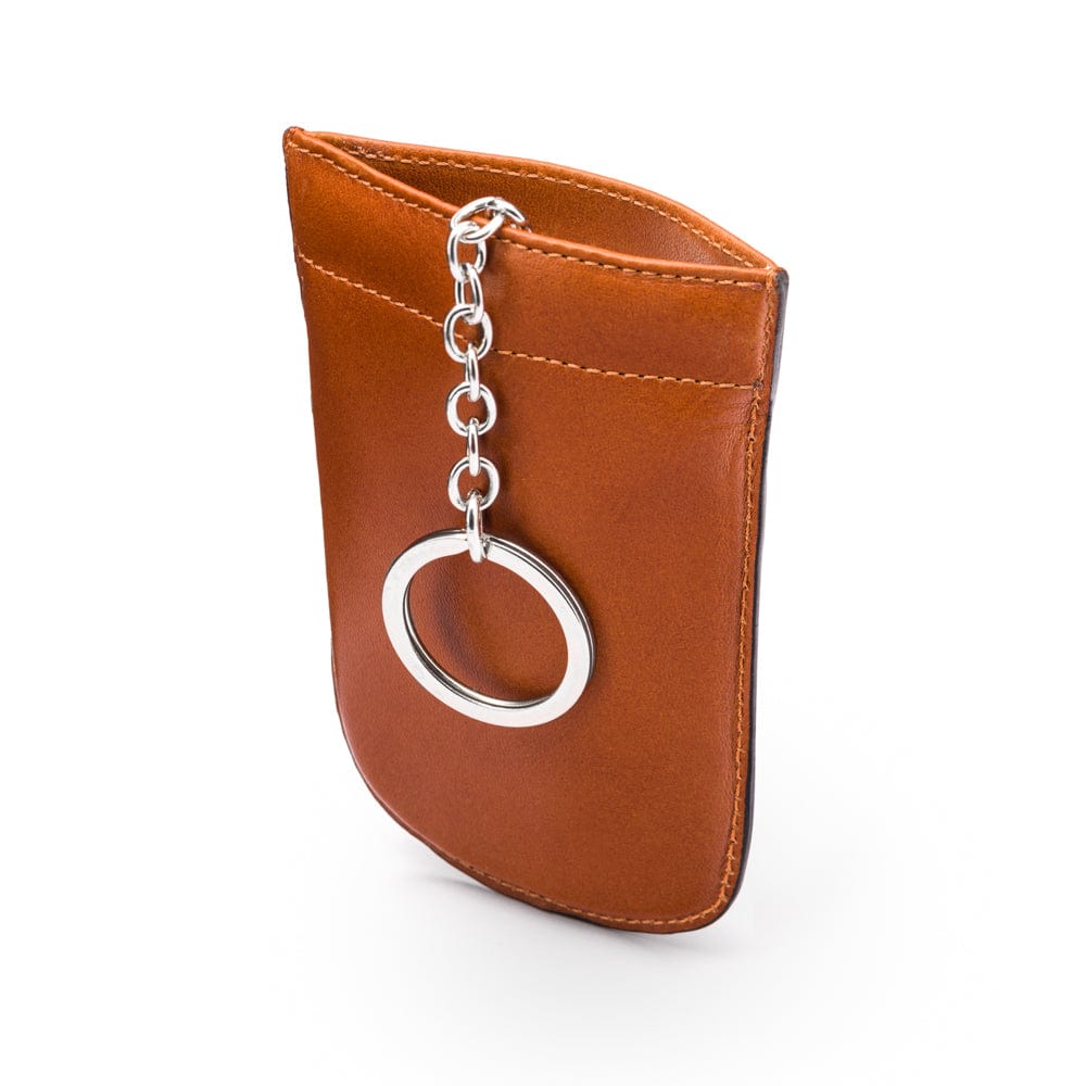 Leather key case with squeeze spring opening, havana tan, front