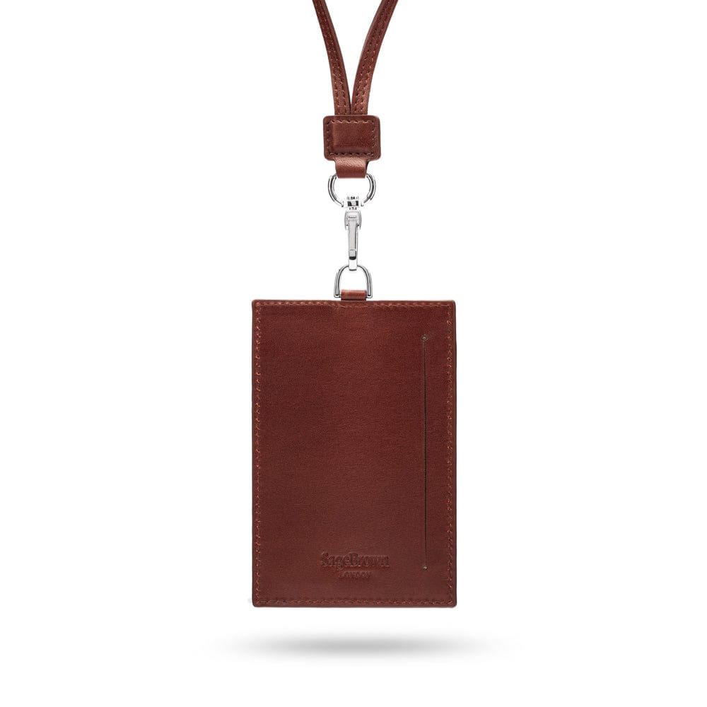 Leather lanyard ID card holder, dark tan, back